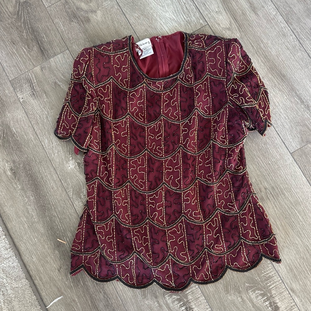Vintage 1980’s Stenay Red beaded Blouse with Short Sleeves